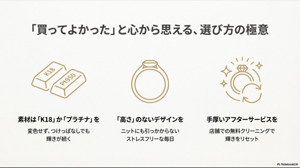 K18ゴールドとPt950プラチナのインゴットのイラスト、および高さのないリングデザインの線画。変色や引っかかりを防ぐためのポイント解説。