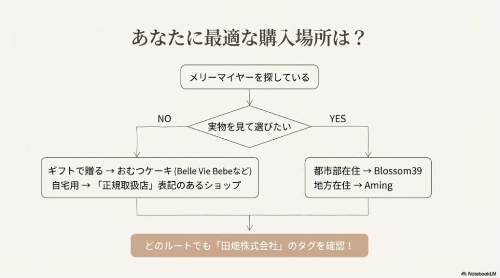 実物を見たいか、ギフトか自宅用かなどの質問から、Blossom39、Aming、正規取扱通販などの最適ルートを導き出すフローチャート