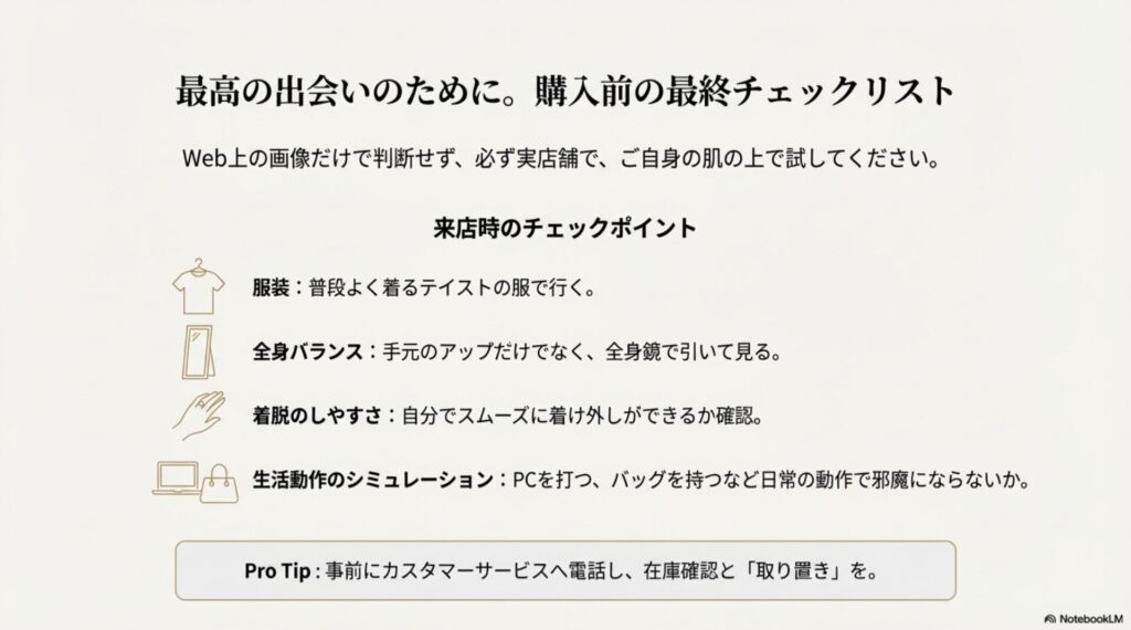 Web画像だけで判断せず実店舗で確認すべきポイント。服装、全身バランス、着脱のしやすさ、生活動作のシミュレーションなどのチェック項目。