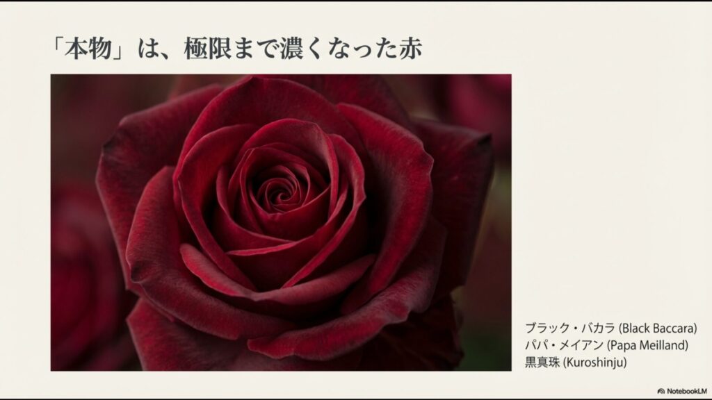 本物の黒バラ画像。ブラック・バカラ、パパ・メイアン、黒真珠など、極限まで濃くなった赤色のバラ品種紹介