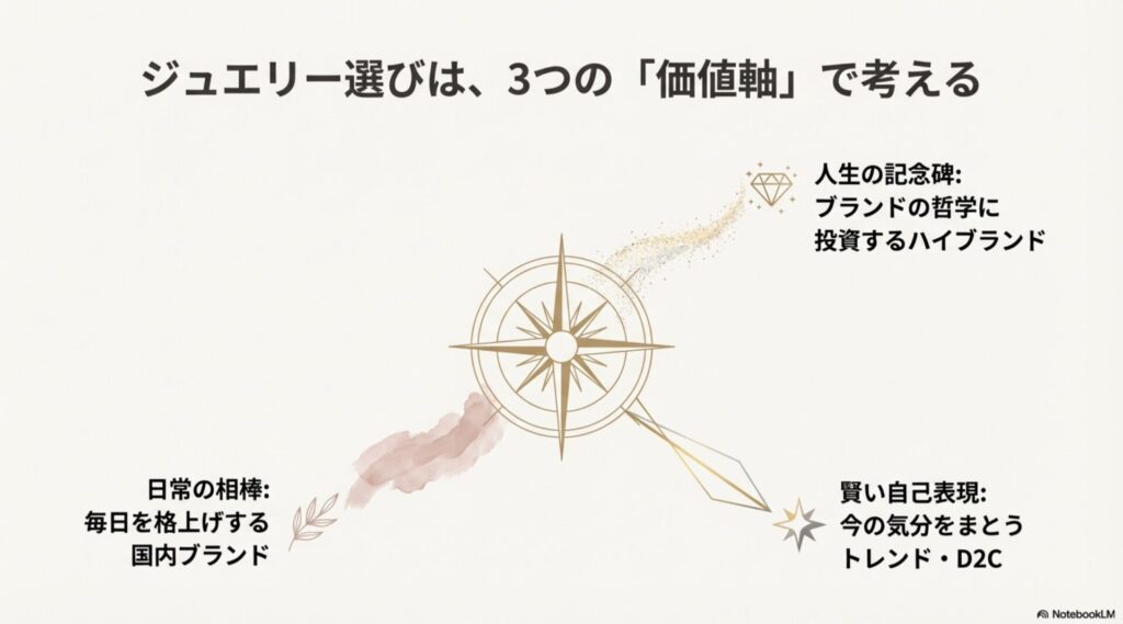 羅針盤のイラスト。「人生の記念碑（ハイブランド）」「日常の相棒（国内ブランド）」「賢い自己表現（トレンド・D2C）」という3つの選び方の基準を示した図。