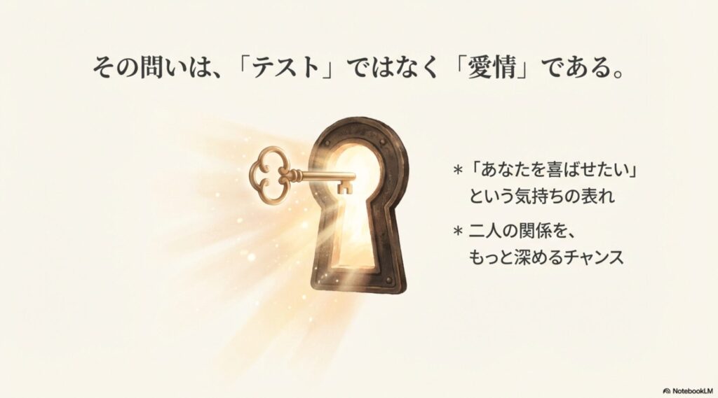 光が差し込む鍵穴のイラスト。「その問いはテストではなく愛情である」というメッセージ。