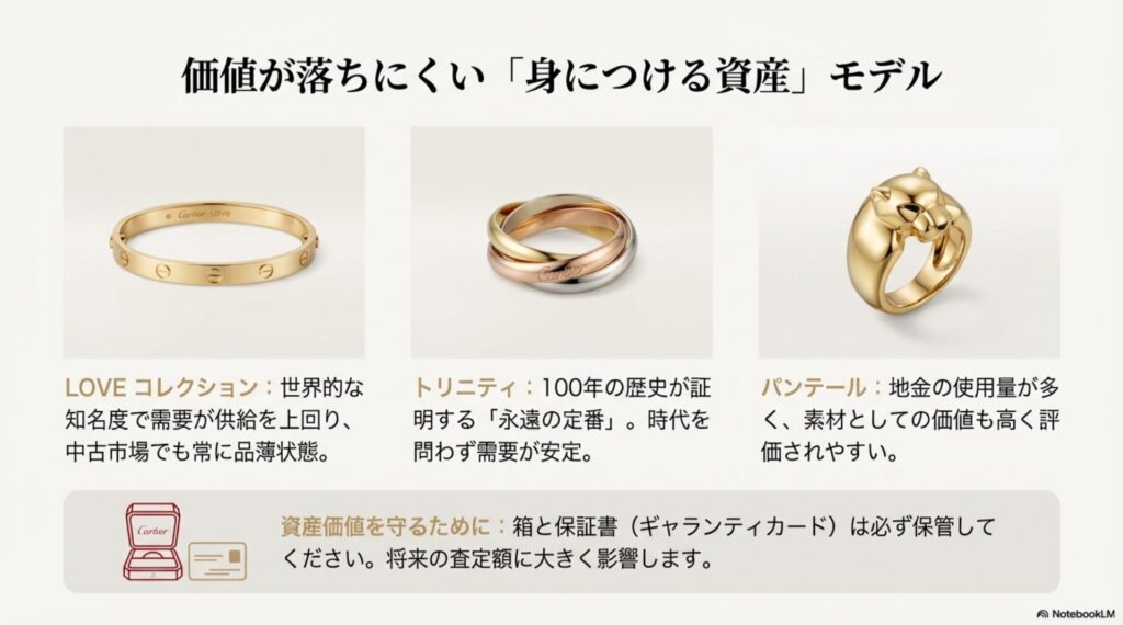 中古市場でも需要が高いLOVEコレクション、トリニティ、パンテールの解説。箱や保証書を保管することの重要性について。