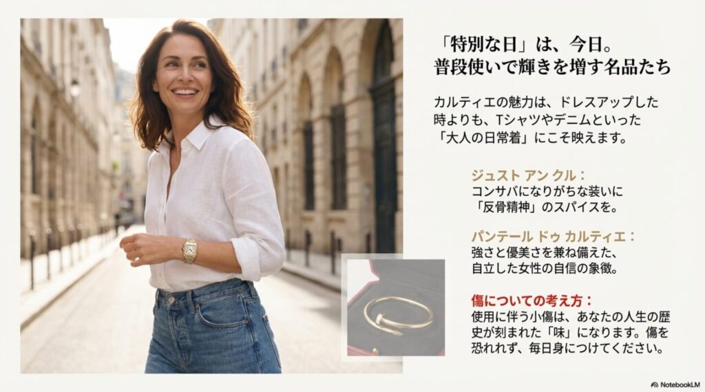 白シャツやデニムなどコンサバな装いにスパイスを加えるジュスト アン クル。使用に伴う小傷を「歴史」として楽しむ普段使いの提案。