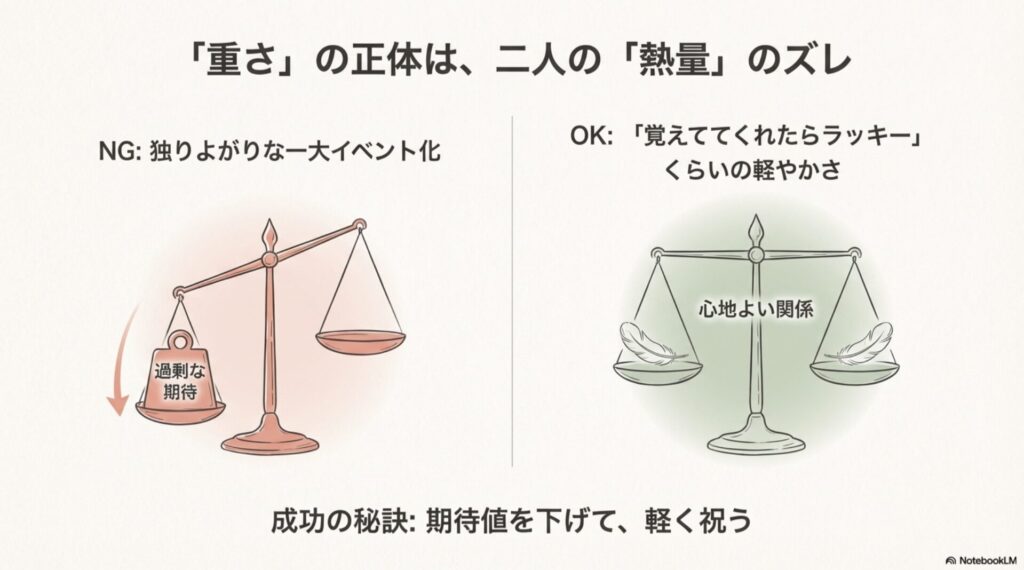 カップルの熱量のズレと心地よい関係のバランスを表す天秤のイラスト