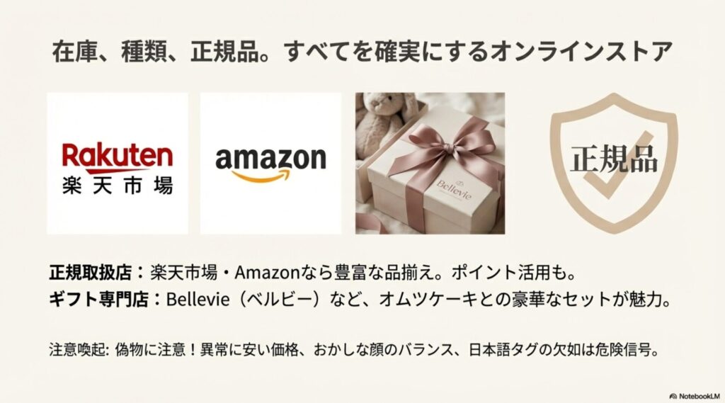 Bellevie（ベルビー）のギフトボックスと、正規品・在庫確保を示すアイコン画像。