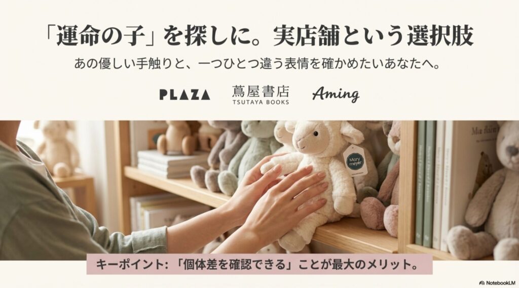 実店舗の棚に並ぶメリーマイヤーのぬいぐるみを選んでいる様子。個体差や手触りを確認できるメリット。