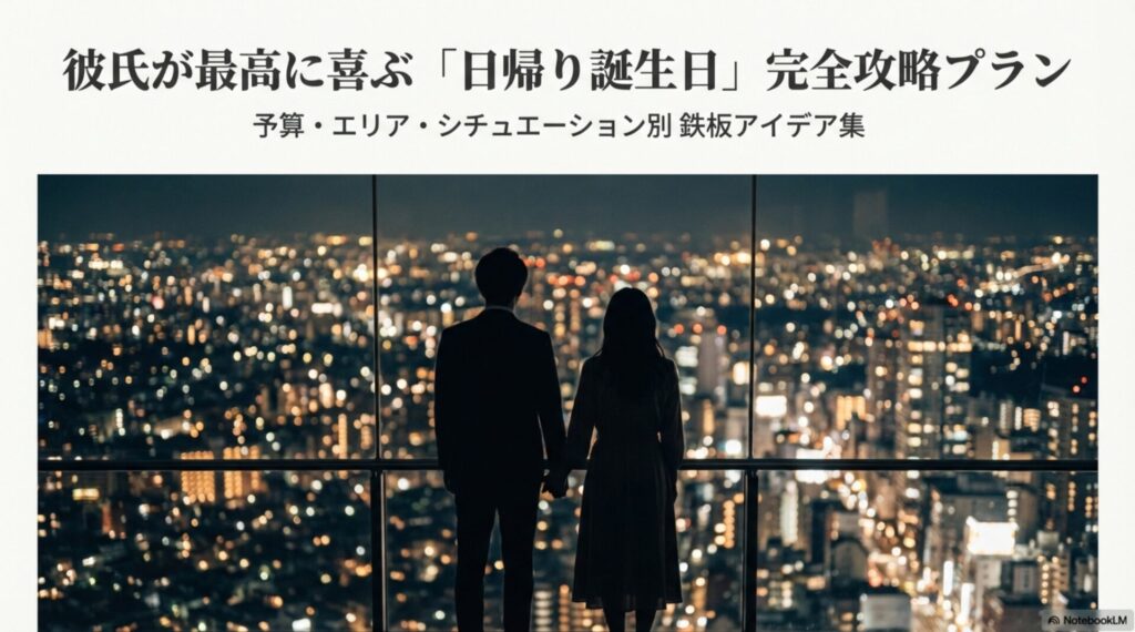 美しい夜景をバックに手をつなぐカップルの後ろ姿。「彼氏が最高に喜ぶ日帰り誕生日完全攻略プラン」というタイトルが記載された表紙画像。