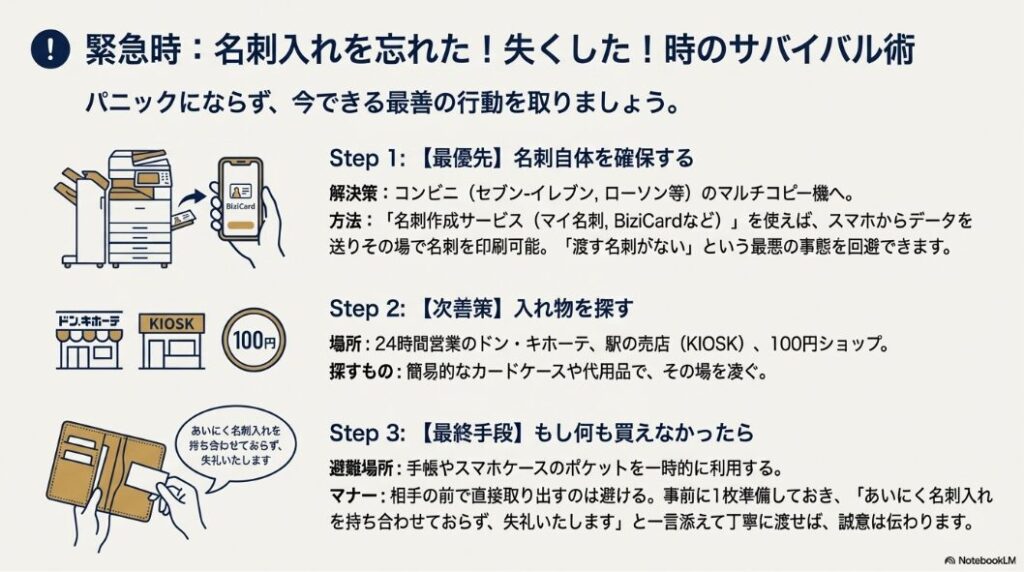 コンビニのマルチコピー機を使った名刺作成サービスや、ドン・キホーテでの代用品購入イメージ。