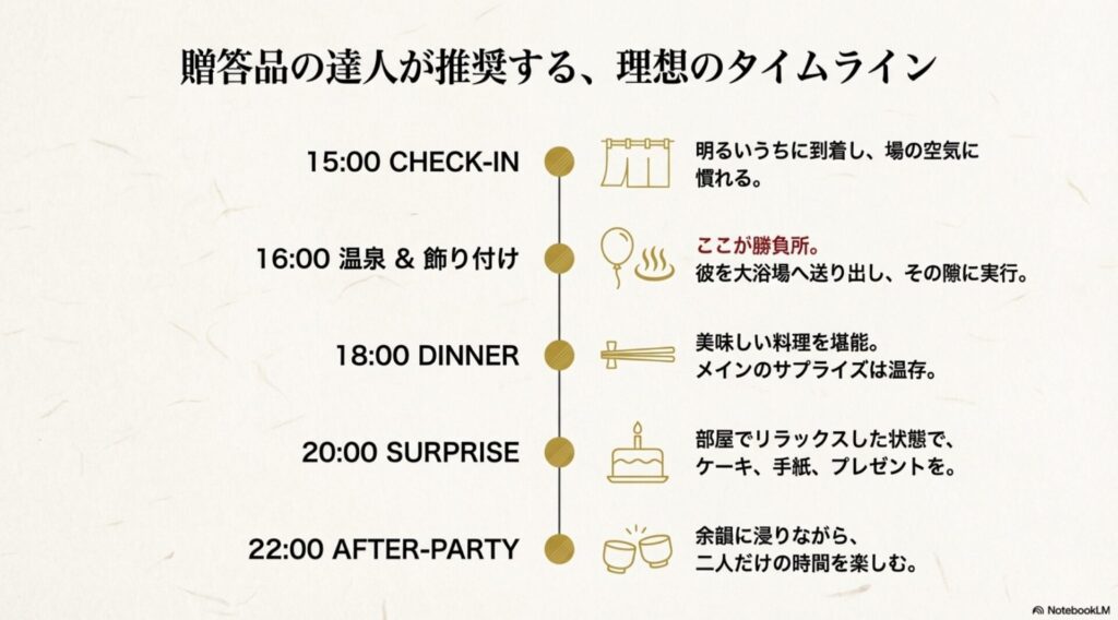 15時のチェックインから温泉、夕食、20時のサプライズ実行、二次会までの時系列スケジュール