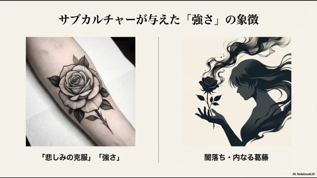 タトゥーやアニメにおける黒バラの意味。「悲しみの克服」「内なる葛藤」「闇落ち」など強さや孤独を表すアイコン