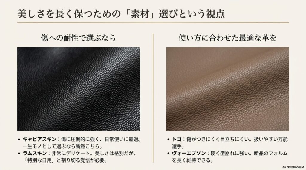 傷に強く美しさを保つ素材選び：キャビアスキン・トゴ・ヴォーエプソンの特徴