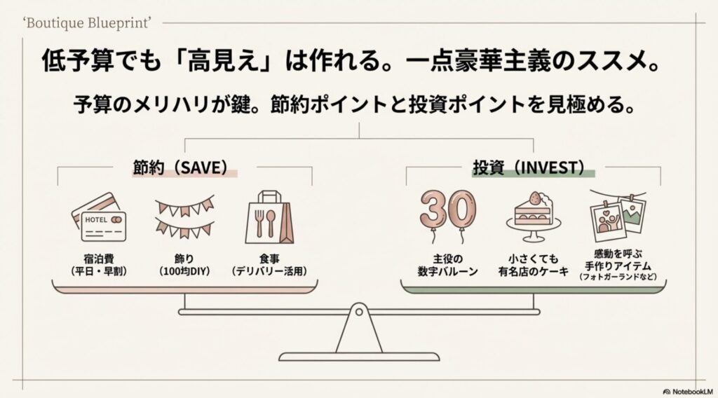 宿泊費や飾りは節約し、主役のバルーンやケーキに投資するという予算バランスを示す天秤のイラスト。