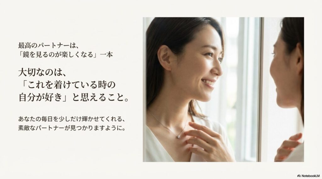 「最高のパートナーは、鏡を見るのが楽しくなる一本」というメッセージと、笑顔の女性の写真