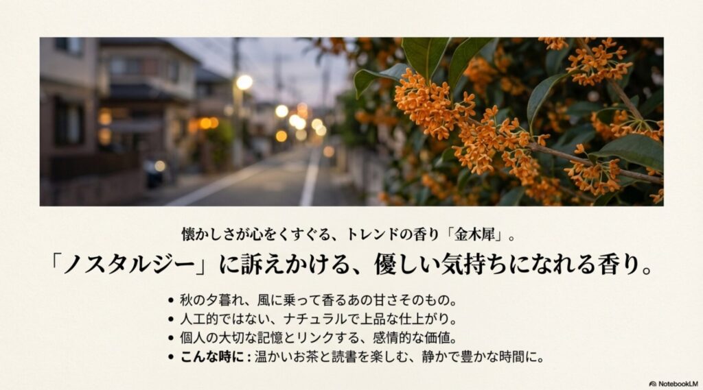 夕暮れの街並みと金木犀の花。「懐かしさが心をくすぐる、トレンドの香り」というコピーと、ノスタルジーを感じさせる香りの特徴。