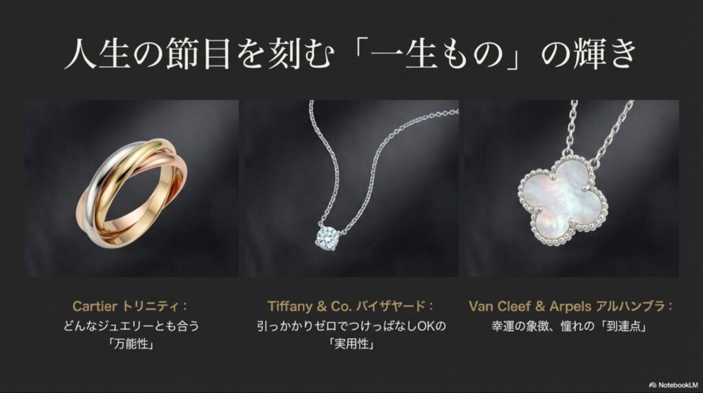 カルティエのトリニティリング、ティファニーのバイザヤード、ヴァンクリーフ＆アーペルのアルハンブラのイメージ画像。それぞれの特徴である万能性、実用性、到達点を解説。