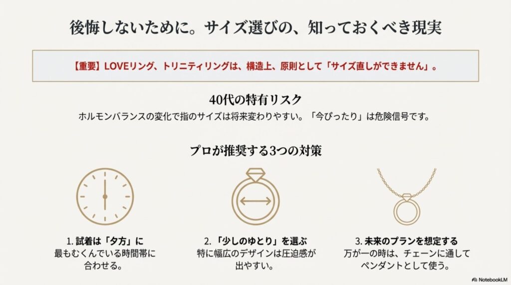 サイズ直しができないLOVEリングやトリニティリングを購入する際の注意点。夕方の試着やゆとりあるサイズ選びなど、プロが推奨する3つの対策。