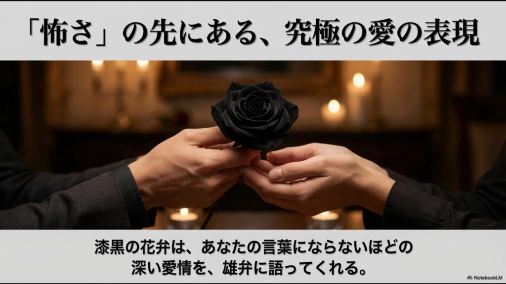 黒バラを差し出す手元のイメージ画像。漆黒の花弁は言葉にならないほどの深い愛情を語る、究極の愛の表現