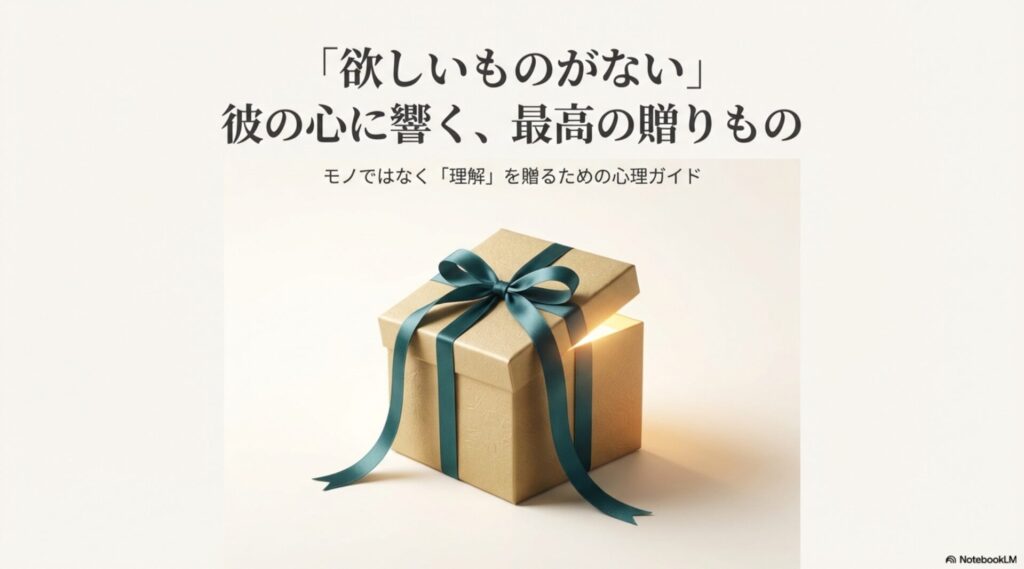 リボンのかかったプレゼントボックスの画像。「欲しいものがない」彼にモノではなく「理解」を贈るための心理ガイドというタイトルスライド。