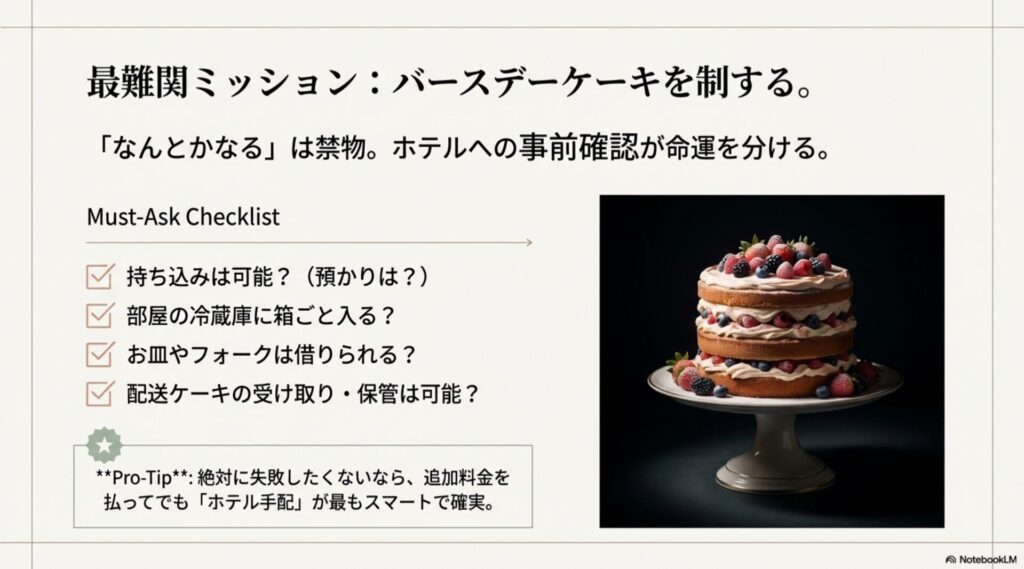 美味しそうなホールケーキの画像と、持ち込みや冷蔵庫のサイズなどホテルへ確認すべき項目のチェックリスト。