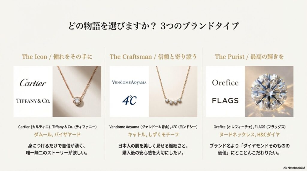 憧れのアイコン(カルティエ等)、信頼のクラフトマン(ヴァンドーム青山等)、輝きの追求(オレフィーチェ等)の3つのブランドポジションマップ