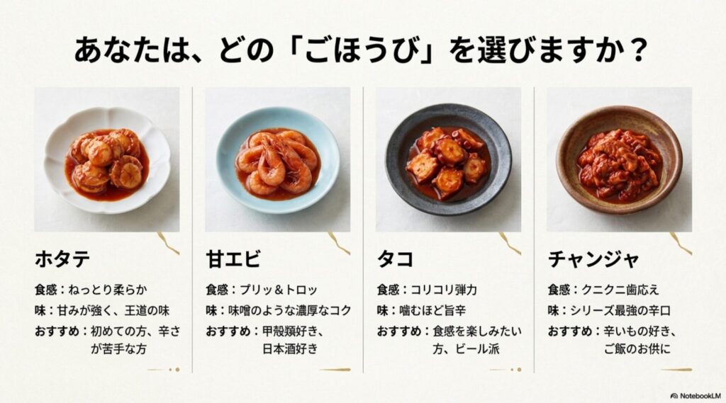 ごほうびキムチの人気種類ラインナップ（ホタテ・甘エビ・タコ・チャンジャ）