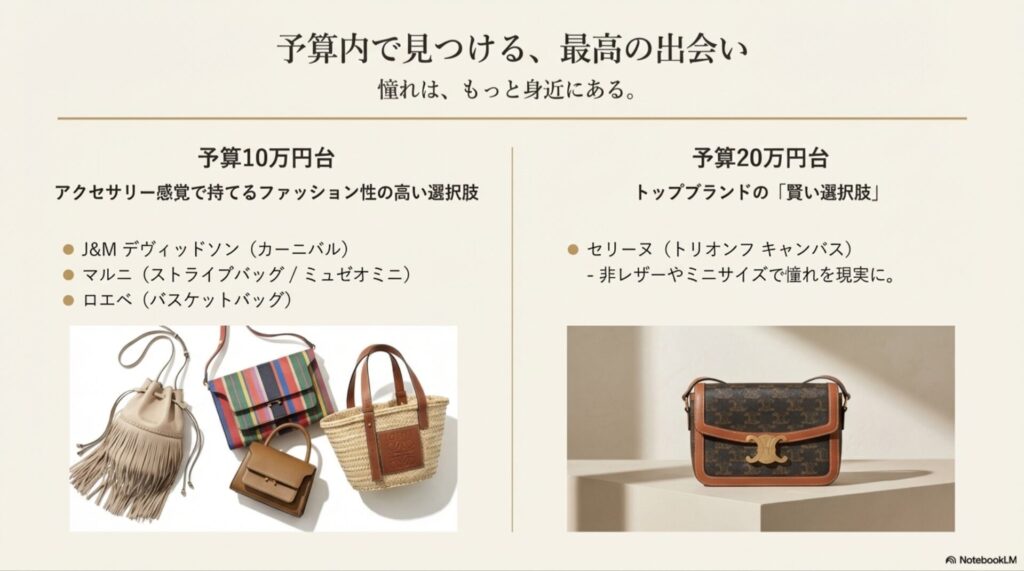 予算10万円・20万円台で買えるハイブランドバッグ：J&Mデヴィッドソン・マルニ・ロエベ・セリーヌ