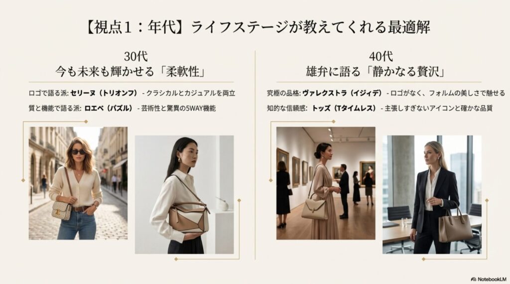 年代別おすすめブランド：30代はセリーヌ・ロエベ、40代はヴァレクストラ・トッズ