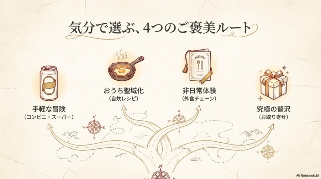 気分で選ぶ4つのご褒美ご飯ルート（コンビニ・自炊・外食・お取り寄せ）