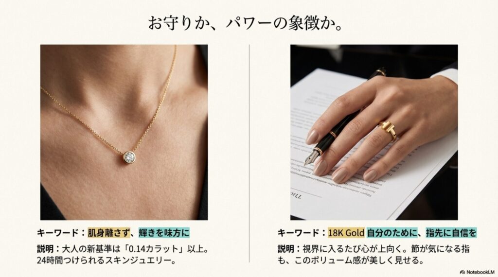 肌身離さずつけられる0.14カラット以上のバイザヤードネックレスと18Kゴールドリング