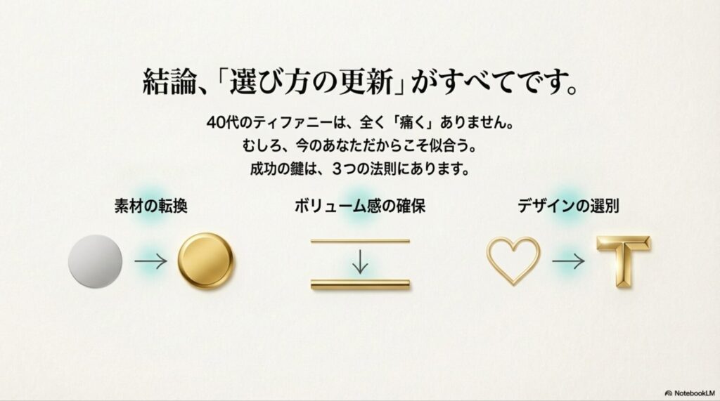 40代が選ぶべきティファニーの素材・ボリューム・デザインのビフォーアフター比較図