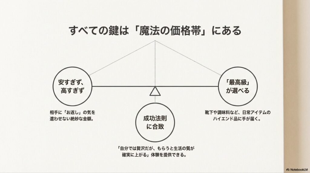 3000円ギフトが成功する理由の図解。相手に気を遣わせず、最高級の日用品が選べる絶妙な金額。