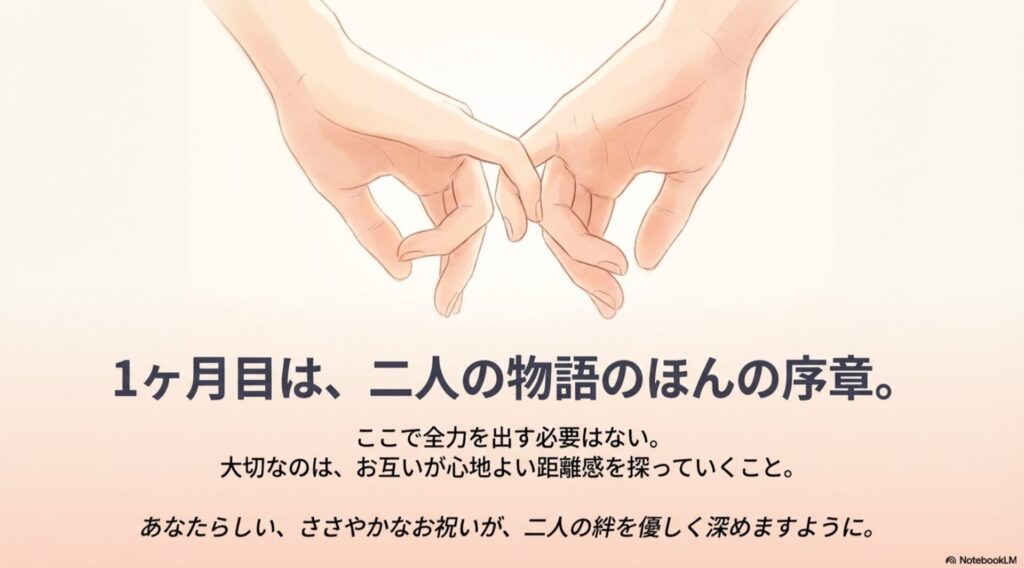 1ヶ月目は二人の物語の序章であり、心地よい距離感を探る時期であるというメッセージ。
