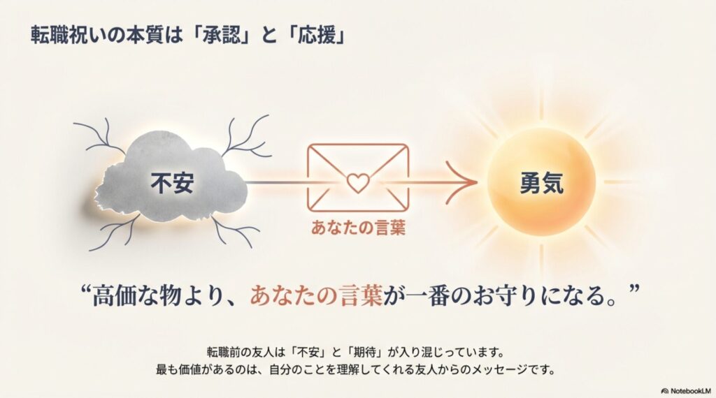 転職前の友人が抱える「不安」に対して、「あなたの言葉」が届き安心を与える様子を示した概念図。