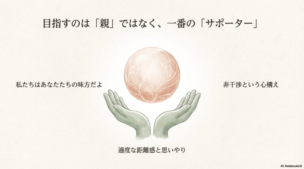 適度な距離感と思いやりを持って息子夫婦を支えるサポーターのイメージ