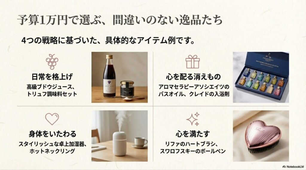 高級ブドウジュース、アロマバスオイル、卓上加湿器など、4つの戦略に基づいた具体的なプレゼントアイテムの集合写真