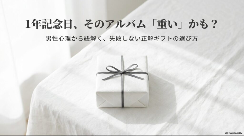 1年記念日のプレゼントにおける「重くない・軽やかな」ギフト戦略を表す、白い箱にグレーのリボンがかかったシンプルなラッピング画像。