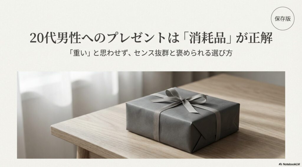 「保存版」の文字とグレーのギフトボックスの写真。20代男性へのプレゼント戦略のタイトルスライド。