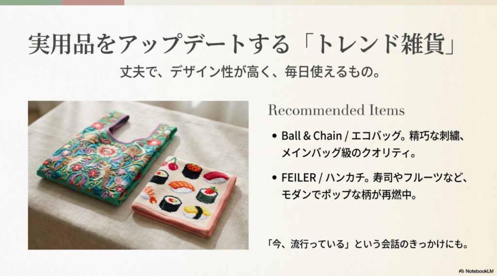 ボールアンドチェーンのエコバッグやフェイラーのハンカチなど実用品をアップデートする雑貨