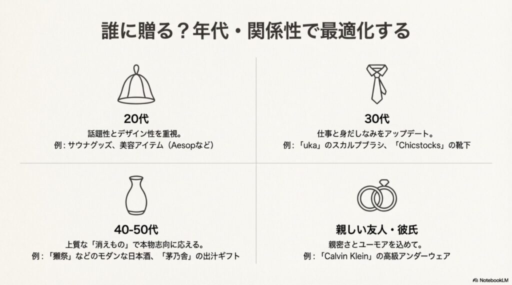 年代と関係性別のギフト最適化マップ。20代は話題性、40代は本物志向など。