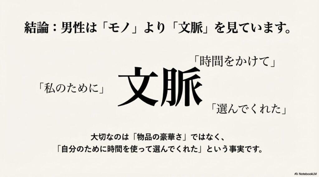 男性はプレゼントの豪華さよりも文脈や選んでくれた時間を重視する