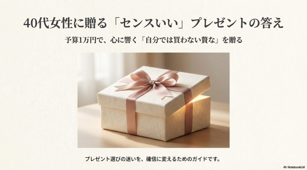 リボンがかけられた白いギフトボックスが光り輝いている、40代女性向けプレゼントのイメージ画像