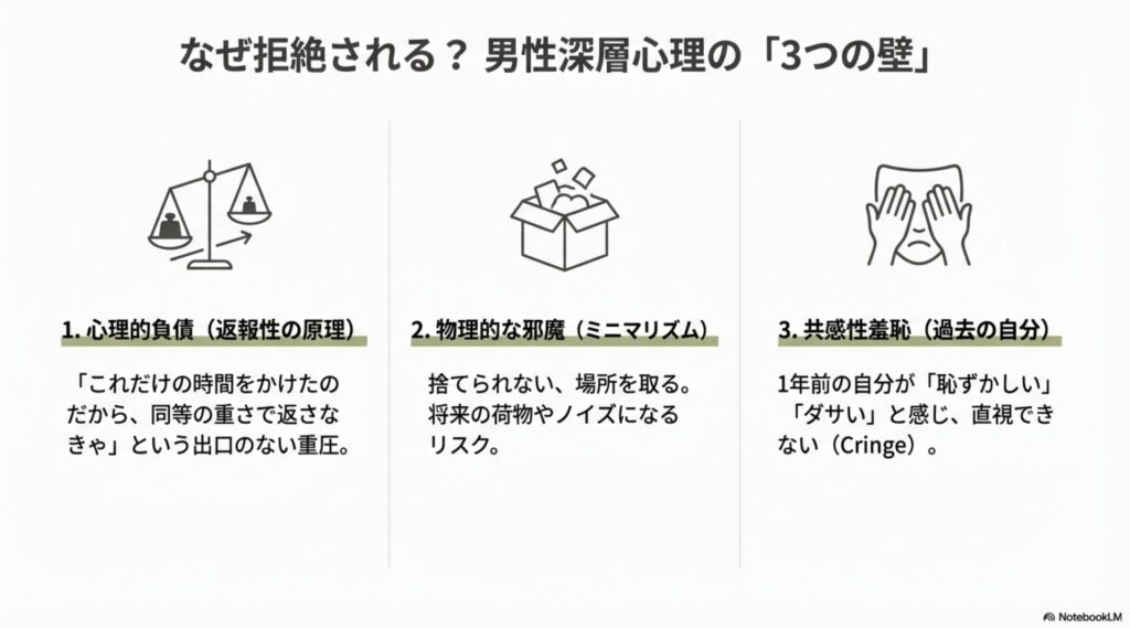 男性がアルバムを拒絶する深層心理「3つの壁」の図解。返報性の原理（心理的負債）、ミニマリズム（物理的な邪魔）、共感性羞恥（Cringe）のアイコンイラスト。