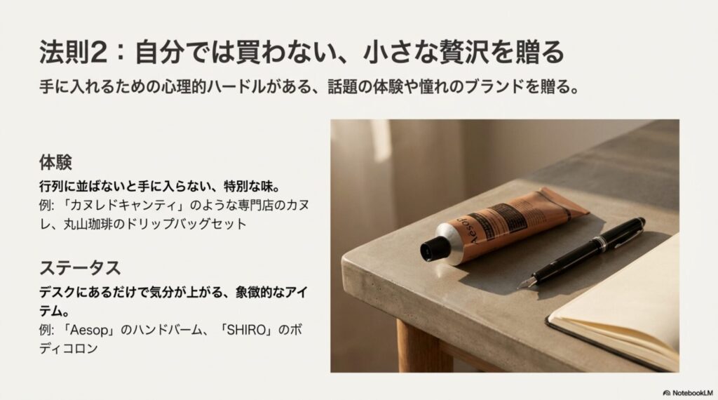 手に入れるための心理的ハードルがある体験やステータスを贈る法則。イソップやカヌレの例。