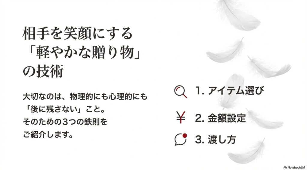相手を笑顔にする軽やかな贈り物の技術。アイテム選び、金額設定、渡し方の3つの鉄則を紹介。