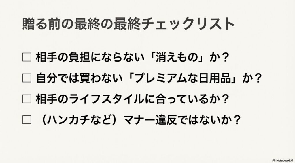 ギフトを贈る前に確認すべきポイント。消えものか、マナー違反ではないかなどのチェックリスト。