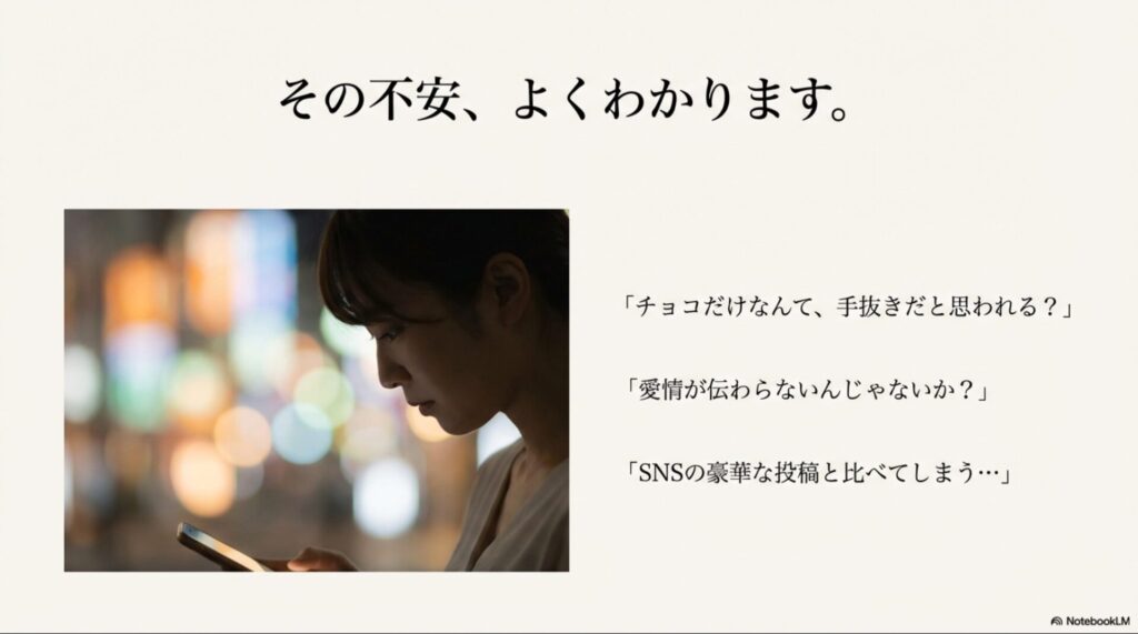 バレンタインにチョコだけだと手抜きだと思われるか不安を感じている女性