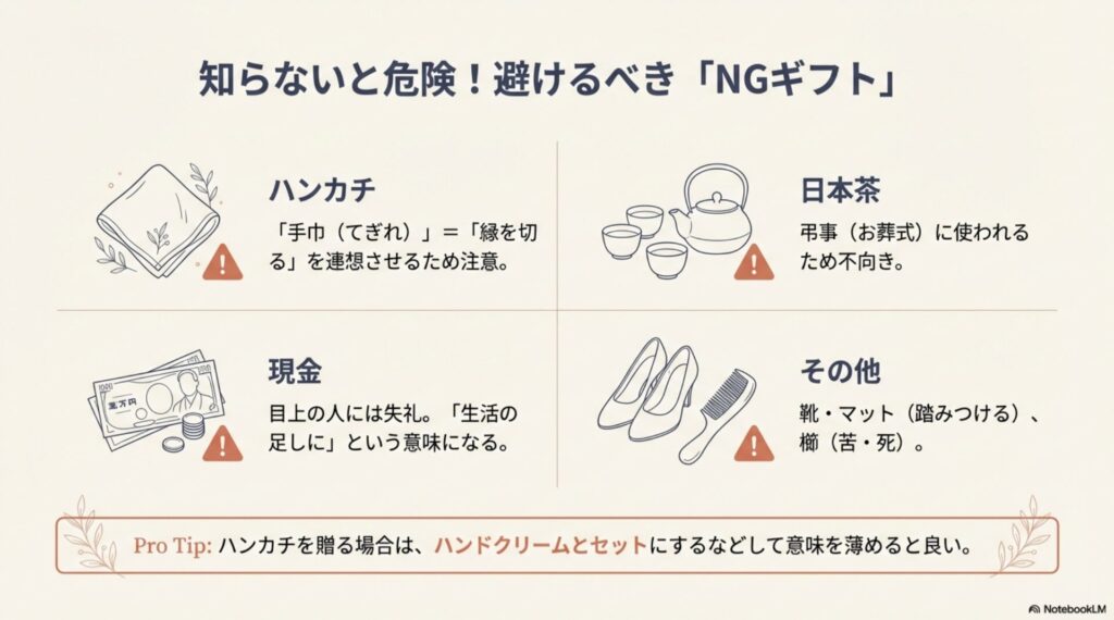 ハンカチ、日本茶、現金、靴など、転職祝いで贈るとマナー違反になる可能性があるアイテムのイラストと解説。