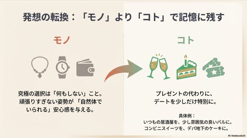 5万円のモノを贈る代わりに、いつものデートを少し特別にする「コト消費」への切り替え提案。