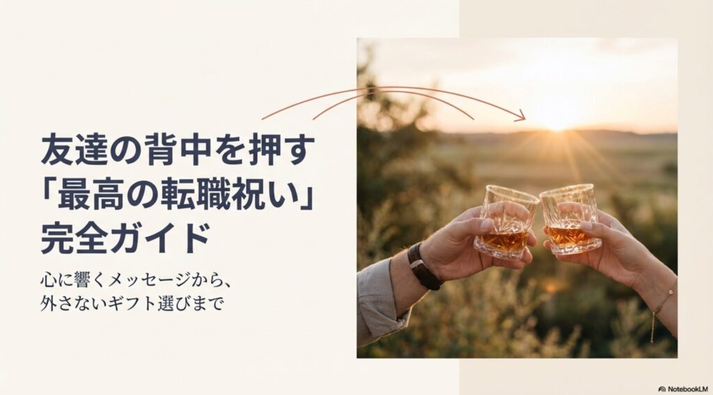 夕暮れ時の背景でグラスを合わせて乾杯している手元の写真。「最高の転職祝い完全ガイド」のタイトル文字。